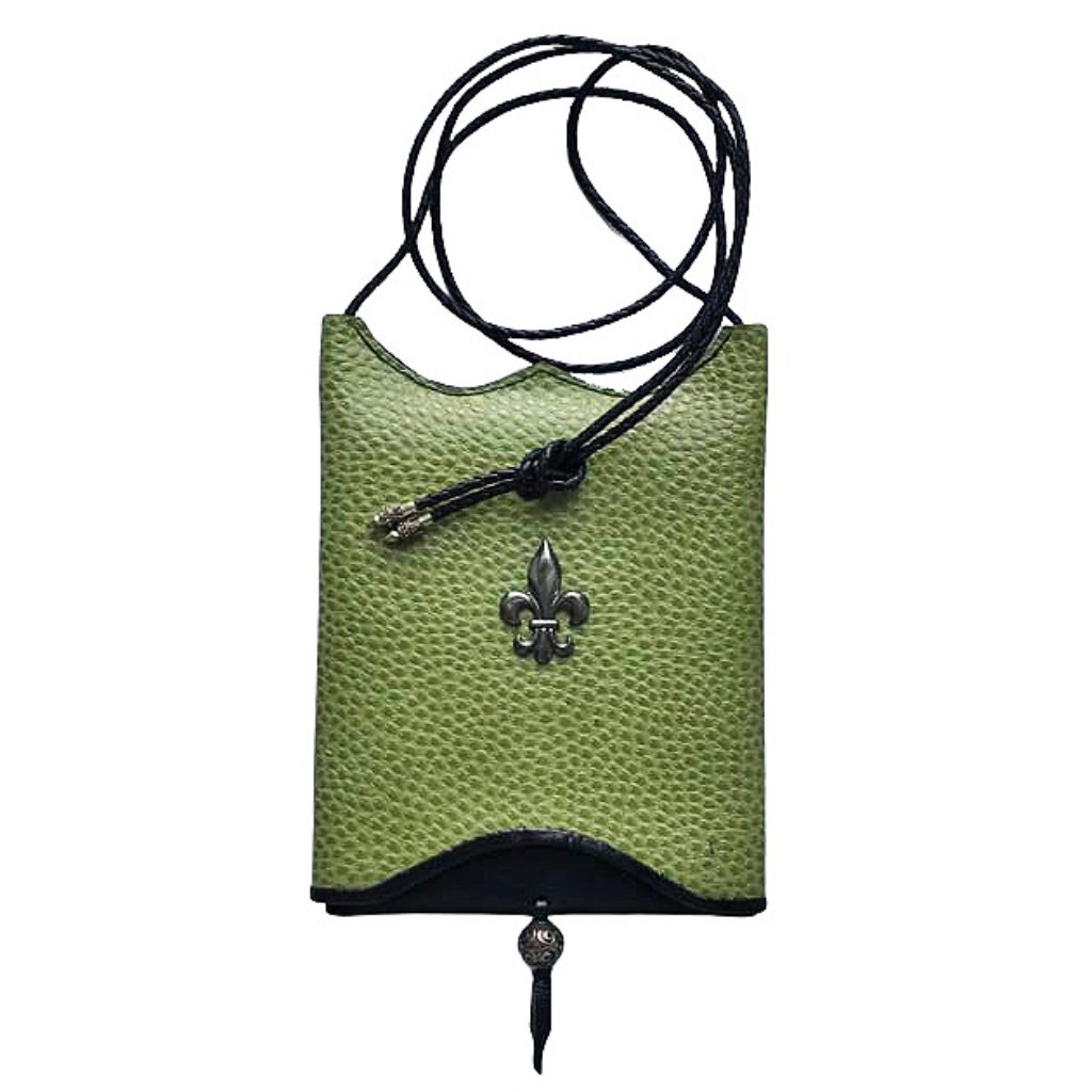 John Fleming Artisan Leather Slip Top Crossbody Fleur De Lis Mint Green Nwot